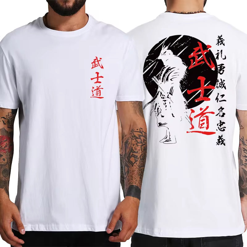 Men’s Japan Samurai Spirit tee, oversized 100% cotton with back print, Bushido-inspired gift.