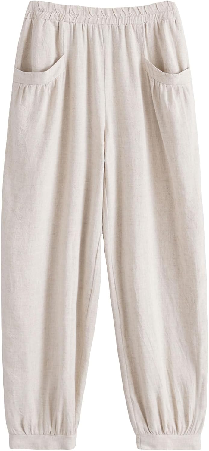 Women'S Cotton Linen Tapered Cropped Pants Elastic Waist Trousers