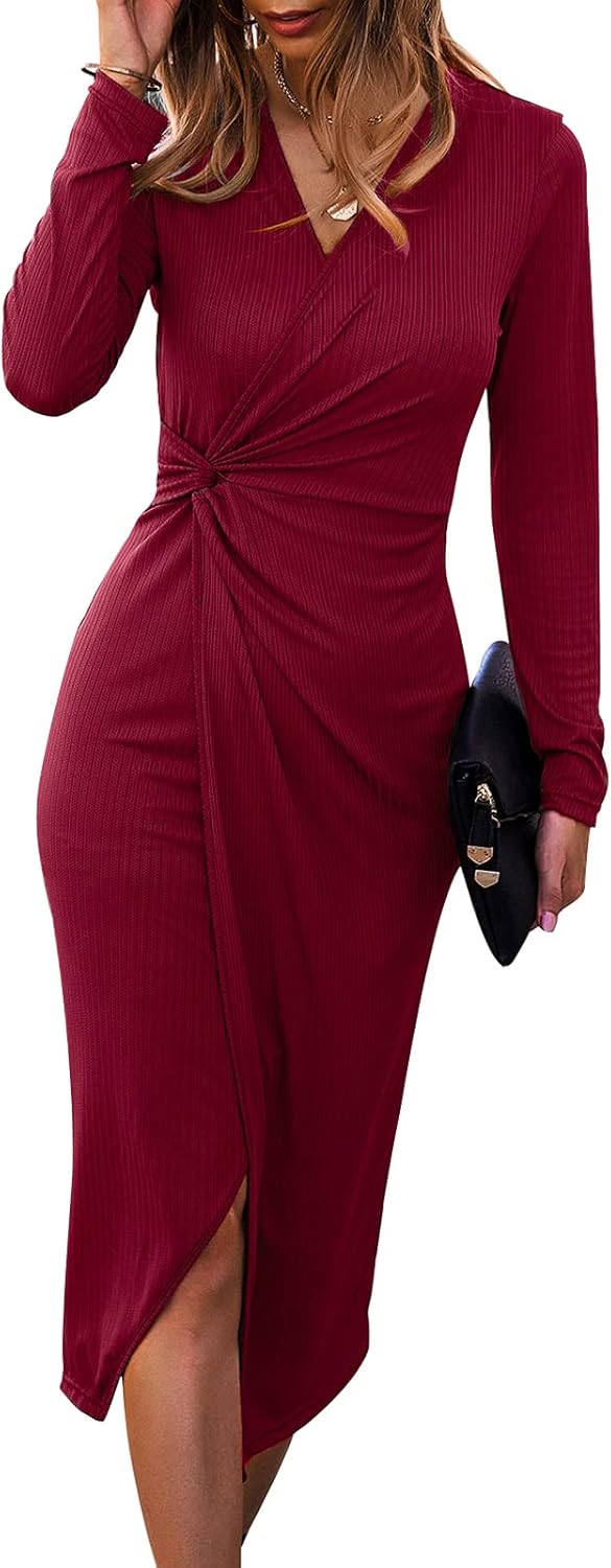 Long Sleeve V-Neck Ribbed Knit Bodycon Midi Dress