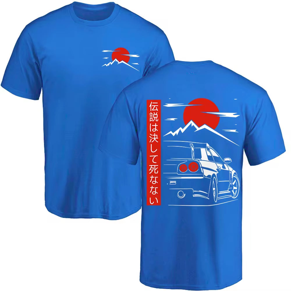 Japanese JDM GTR racing tee with back print, oversized 100% cotton fit, streetwear style for men.