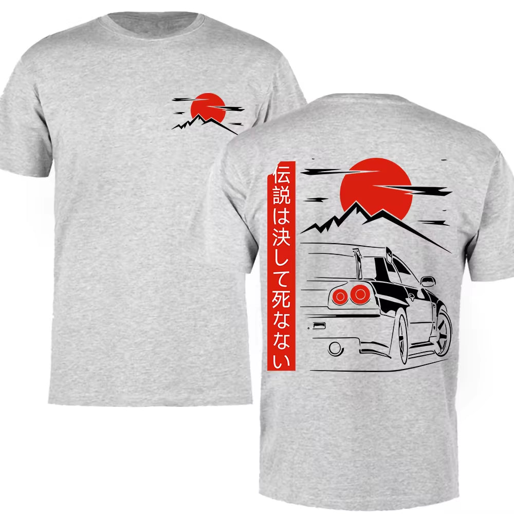 Japanese JDM GTR racing tee with back print, oversized 100% cotton fit, streetwear style for men.