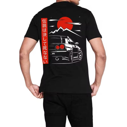 Japanese JDM GTR racing tee with back print, oversized 100% cotton fit, streetwear style for men.