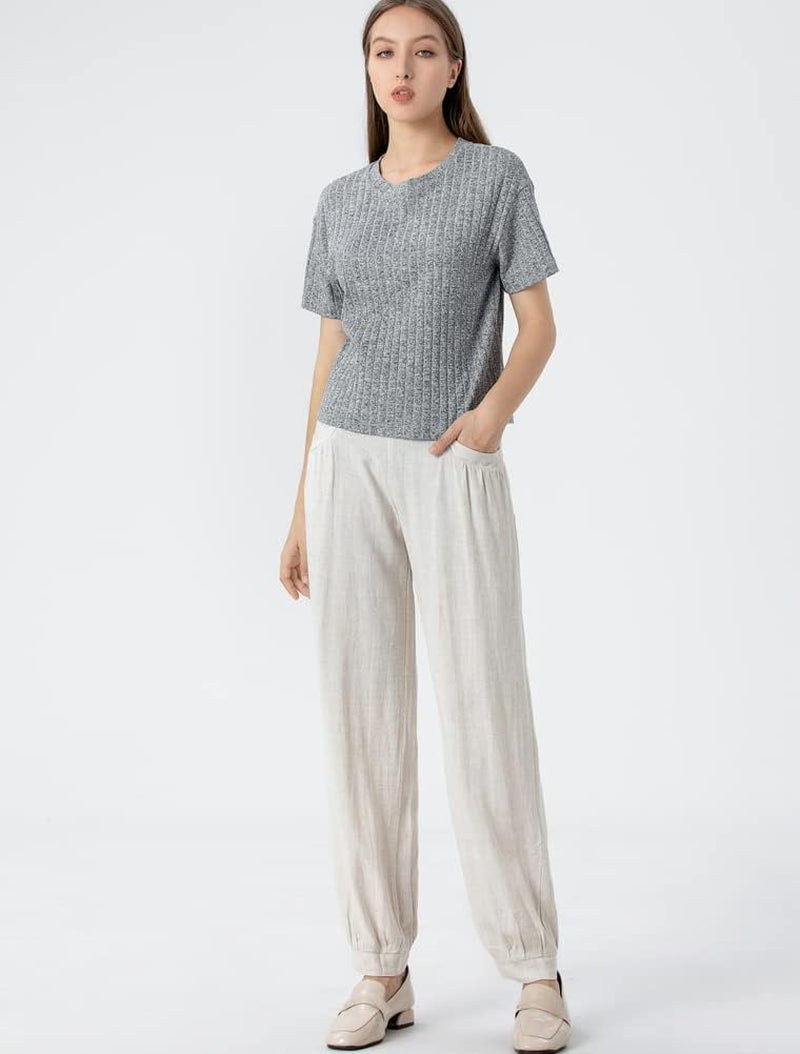 Women'S Cotton Linen Tapered Cropped Pants Elastic Waist Trousers