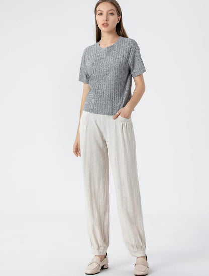 Women'S Cotton Linen Tapered Cropped Pants Elastic Waist Trousers