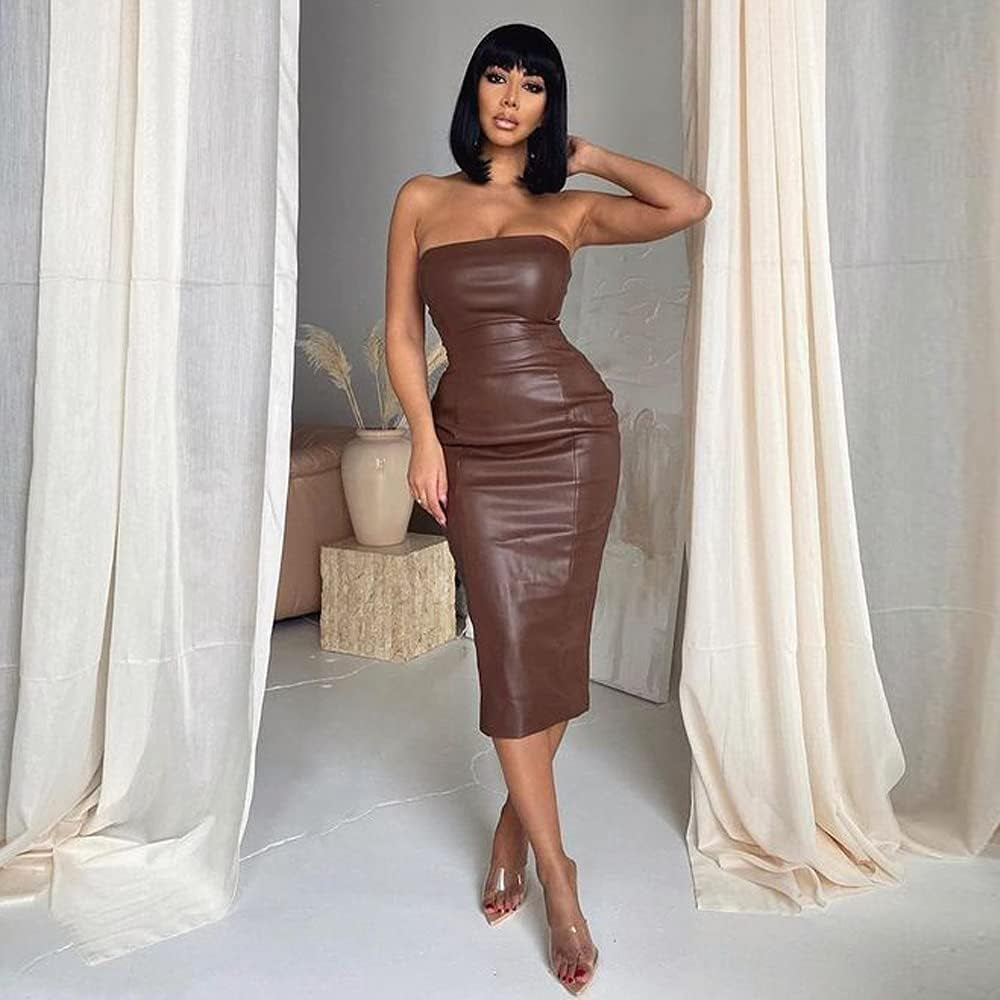 Strapless Faux Leather Bodycon Midi Dress