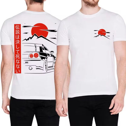 Japanese JDM GTR racing tee with back print, oversized 100% cotton fit, streetwear style for men.