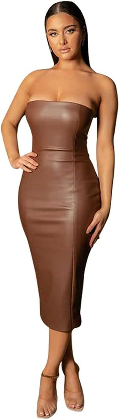 Strapless Faux Leather Bodycon Midi Dress