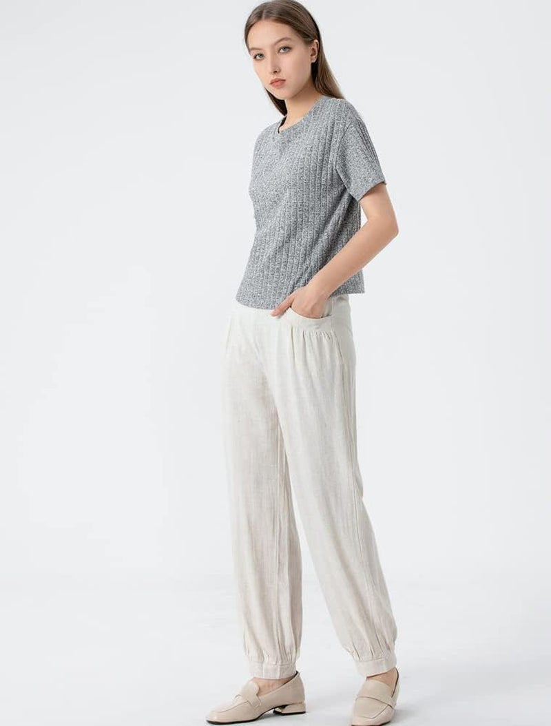 Women'S Cotton Linen Tapered Cropped Pants Elastic Waist Trousers