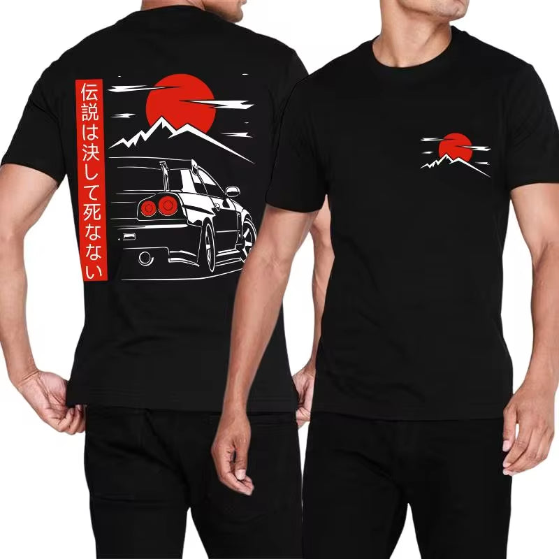 Japanese JDM GTR racing tee with back print, oversized 100% cotton fit, streetwear style for men.
