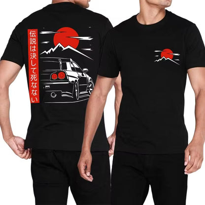 Japanese JDM GTR racing tee with back print, oversized 100% cotton fit, streetwear style for men.