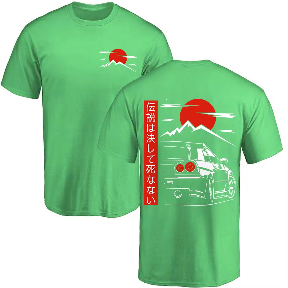 Japanese JDM GTR racing tee with back print, oversized 100% cotton fit, streetwear style for men.