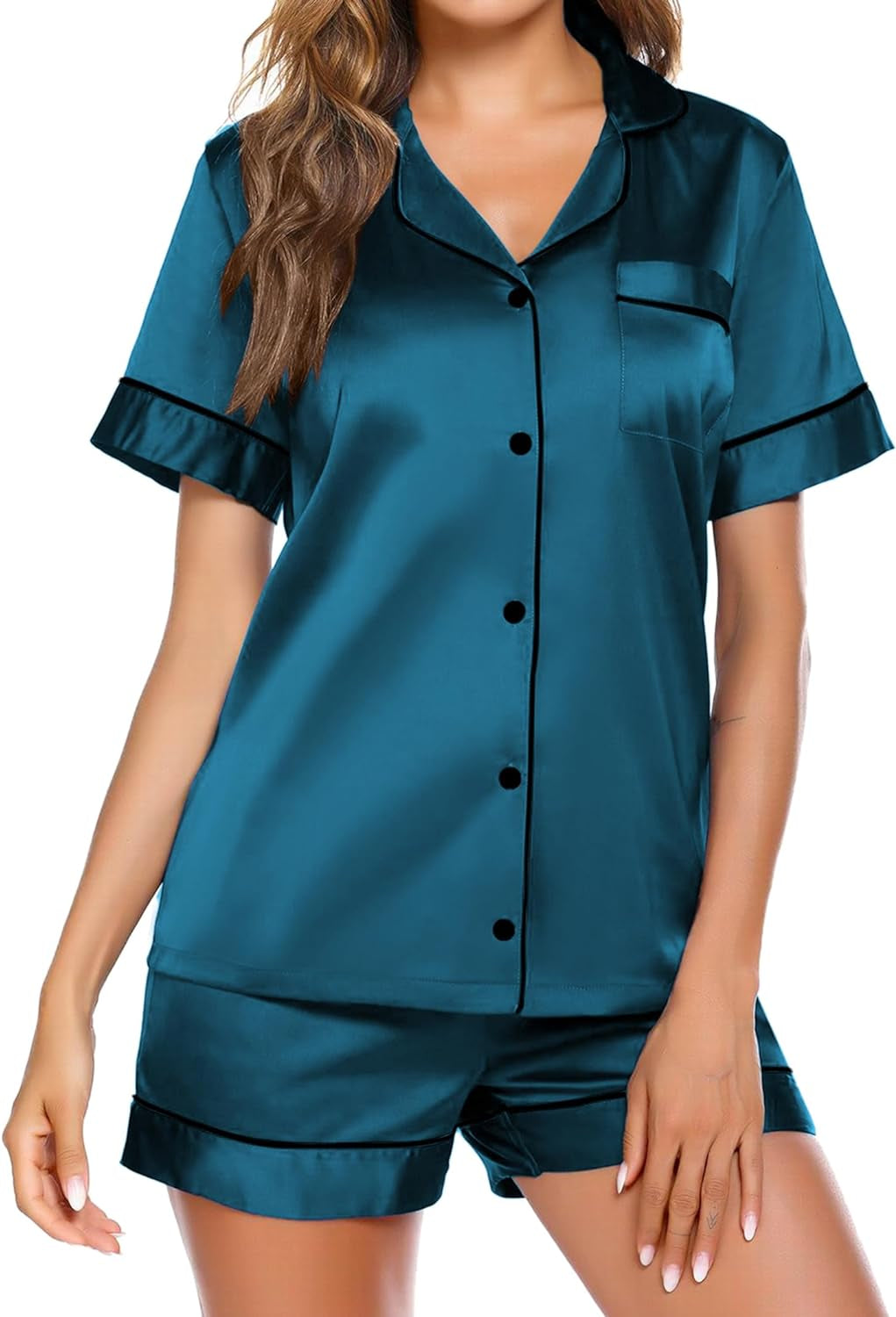 Women’s Silk Satin Pajama Set – Button-Down Top & Shorts Summer Loungewear