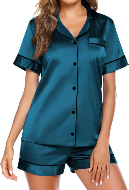 Women’s Silk Satin Pajama Set – Button-Down Top & Shorts Summer Loungewear