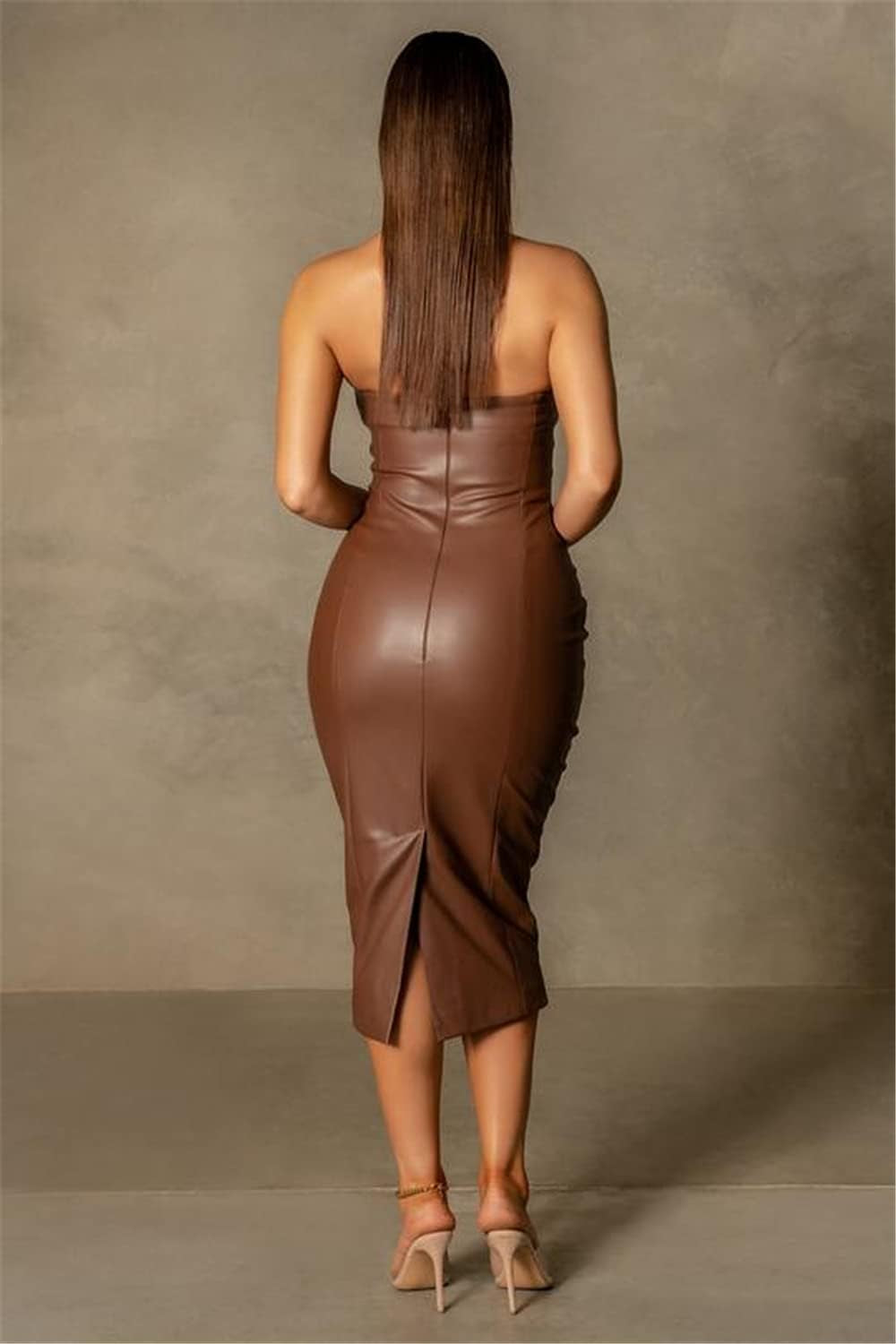 Strapless Faux Leather Bodycon Midi Dress