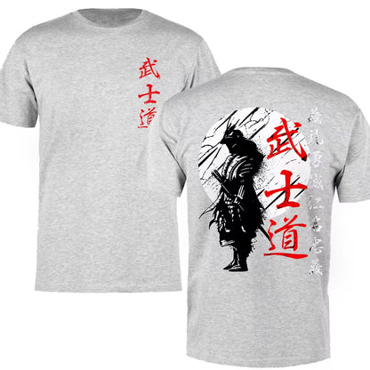 Men’s Japan Samurai Spirit tee, oversized 100% cotton with back print, Bushido-inspired gift.