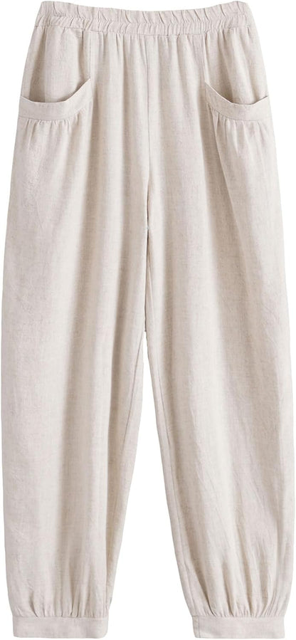 Women'S Cotton Linen Tapered Cropped Pants Elastic Waist Trousers