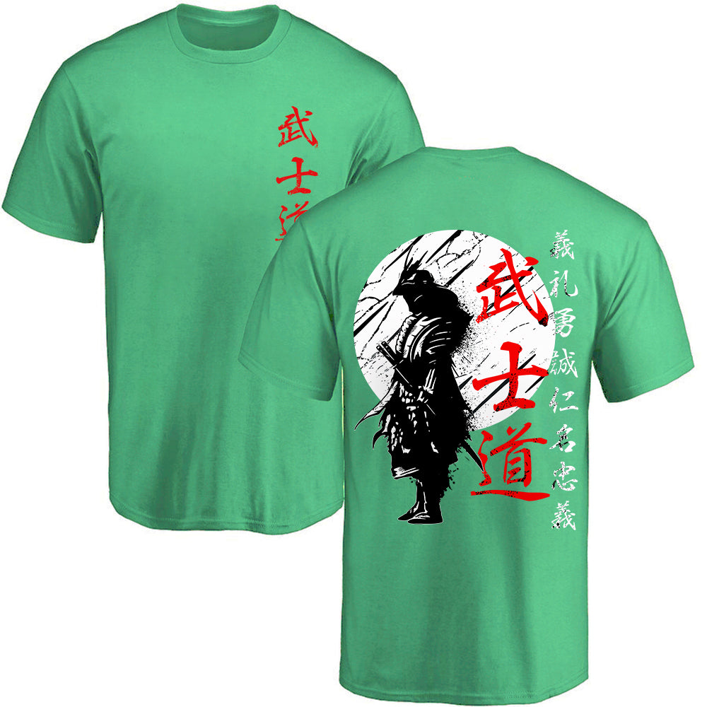 Men’s Japan Samurai Spirit tee, oversized 100% cotton with back print, Bushido-inspired gift.