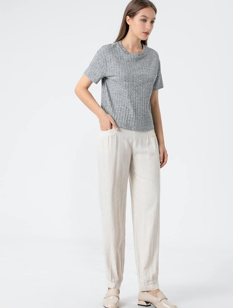 Women'S Cotton Linen Tapered Cropped Pants Elastic Waist Trousers
