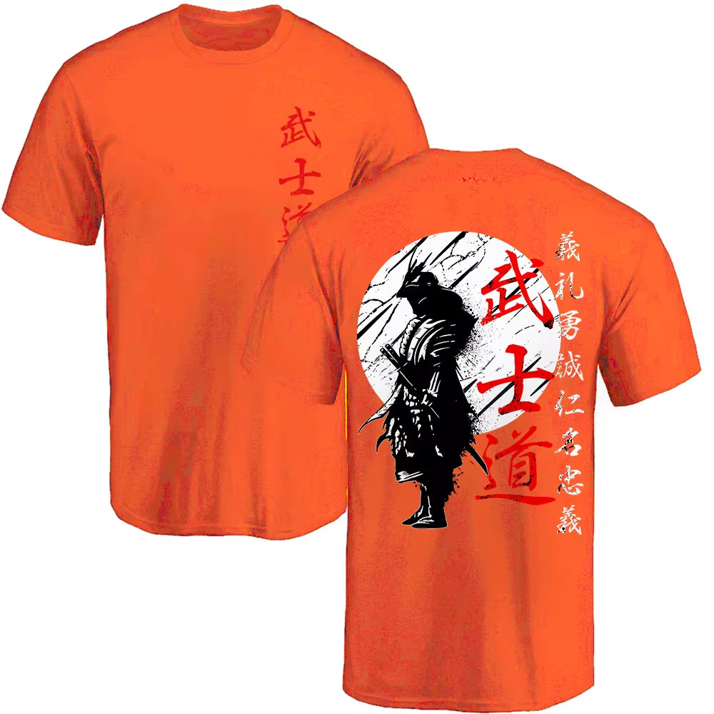 Men’s Japan Samurai Spirit tee, oversized 100% cotton with back print, Bushido-inspired gift.