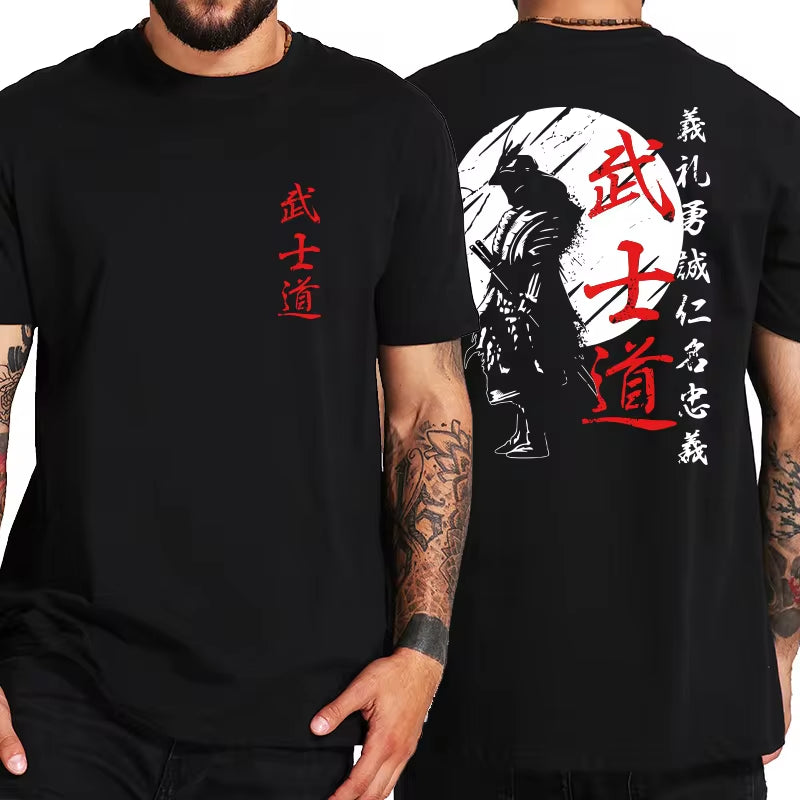 Men’s Japan Samurai Spirit tee, oversized 100% cotton with back print, Bushido-inspired gift.