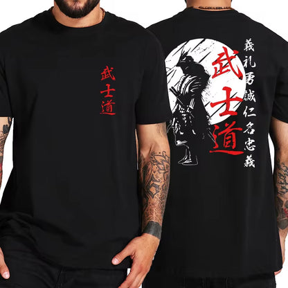 Men’s Japan Samurai Spirit tee, oversized 100% cotton with back print, Bushido-inspired gift.