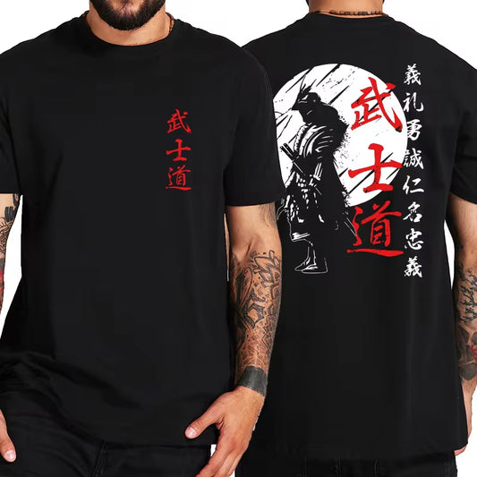 Men’s Japan Samurai Spirit tee, oversized 100% cotton with back print, Bushido-inspired gift.