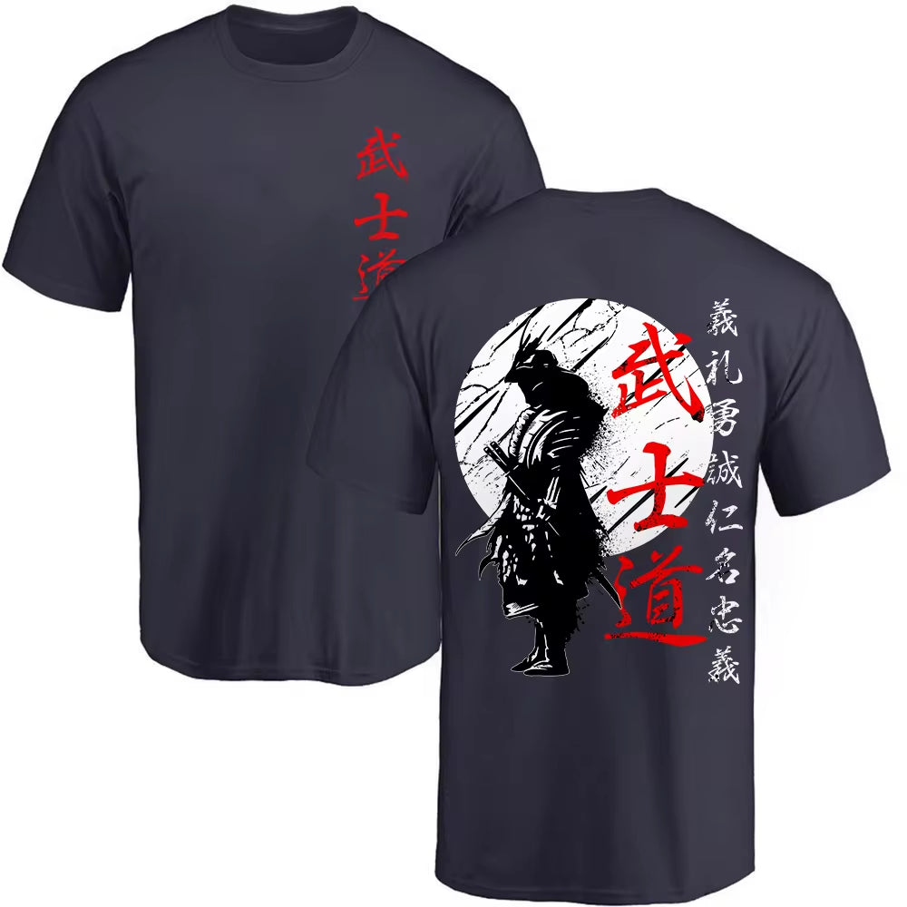 Men’s Japan Samurai Spirit tee, oversized 100% cotton with back print, Bushido-inspired gift.