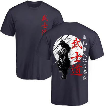 Men’s Japan Samurai Spirit tee, oversized 100% cotton with back print, Bushido-inspired gift.