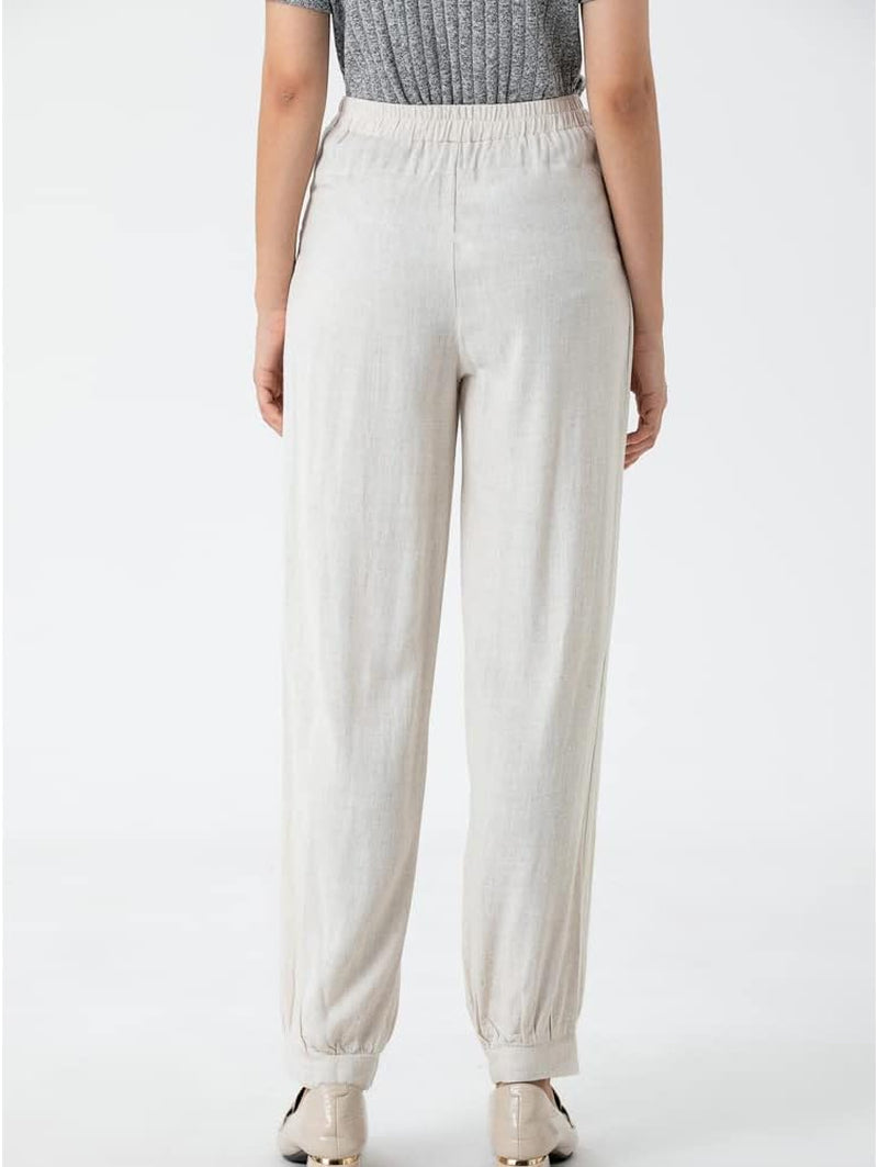 Women'S Cotton Linen Tapered Cropped Pants Elastic Waist Trousers
