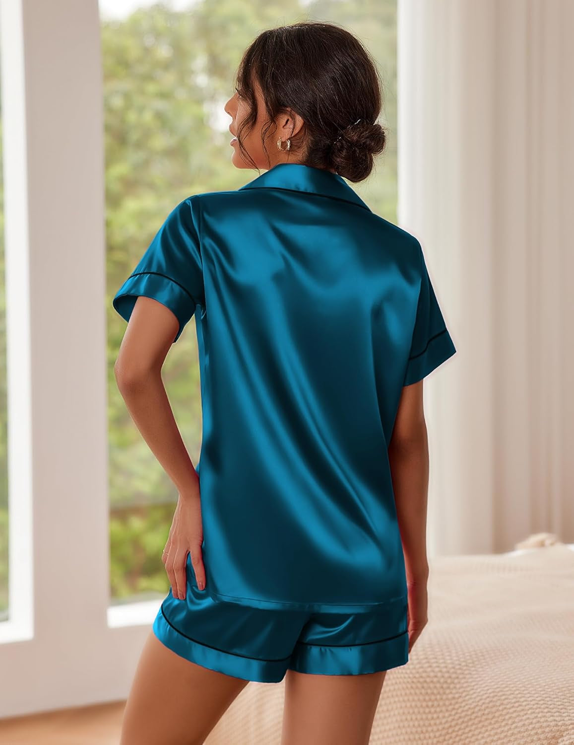 Women’s Silk Satin Pajama Set – Button-Down Top & Shorts Summer Loungewear