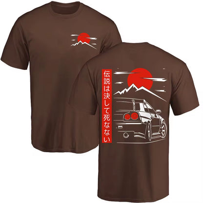 Japanese JDM GTR racing tee with back print, oversized 100% cotton fit, streetwear style for men.