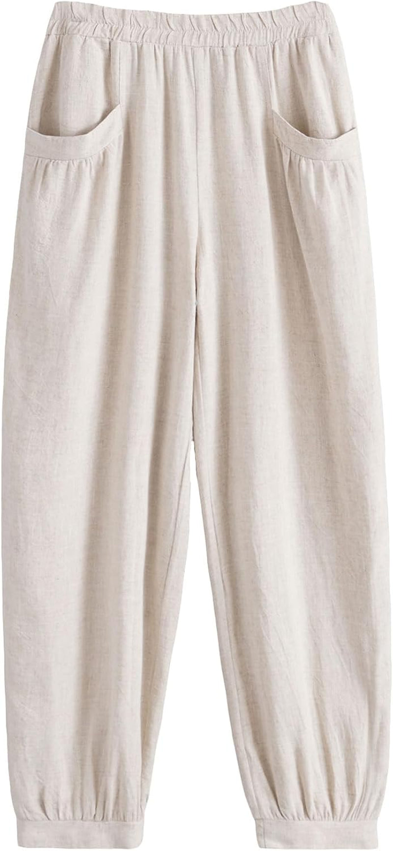 Women'S Cotton Linen Tapered Cropped Pants Elastic Waist Trousers