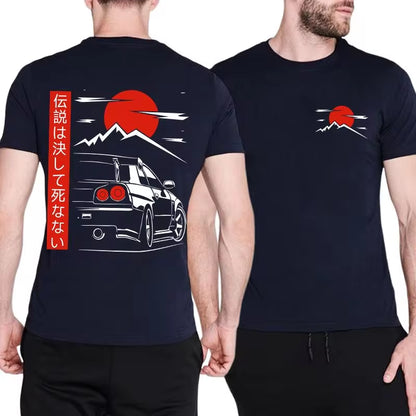 Japanese JDM GTR racing tee with back print, oversized 100% cotton fit, streetwear style for men.