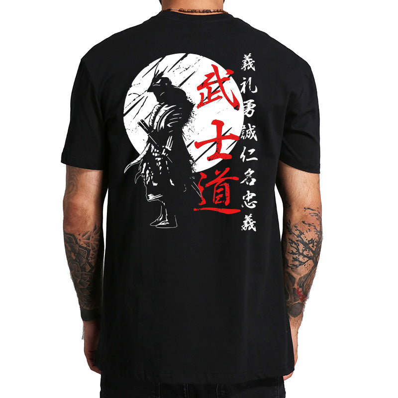 Men’s Japan Samurai Spirit tee, oversized 100% cotton with back print, Bushido-inspired gift.