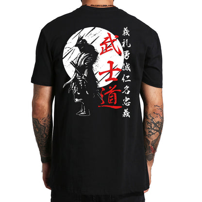 Men’s Japan Samurai Spirit tee, oversized 100% cotton with back print, Bushido-inspired gift.