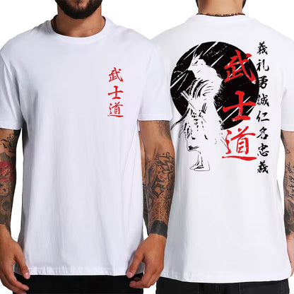 Men’s Japan Samurai Spirit tee, oversized 100% cotton with back print, Bushido-inspired gift.